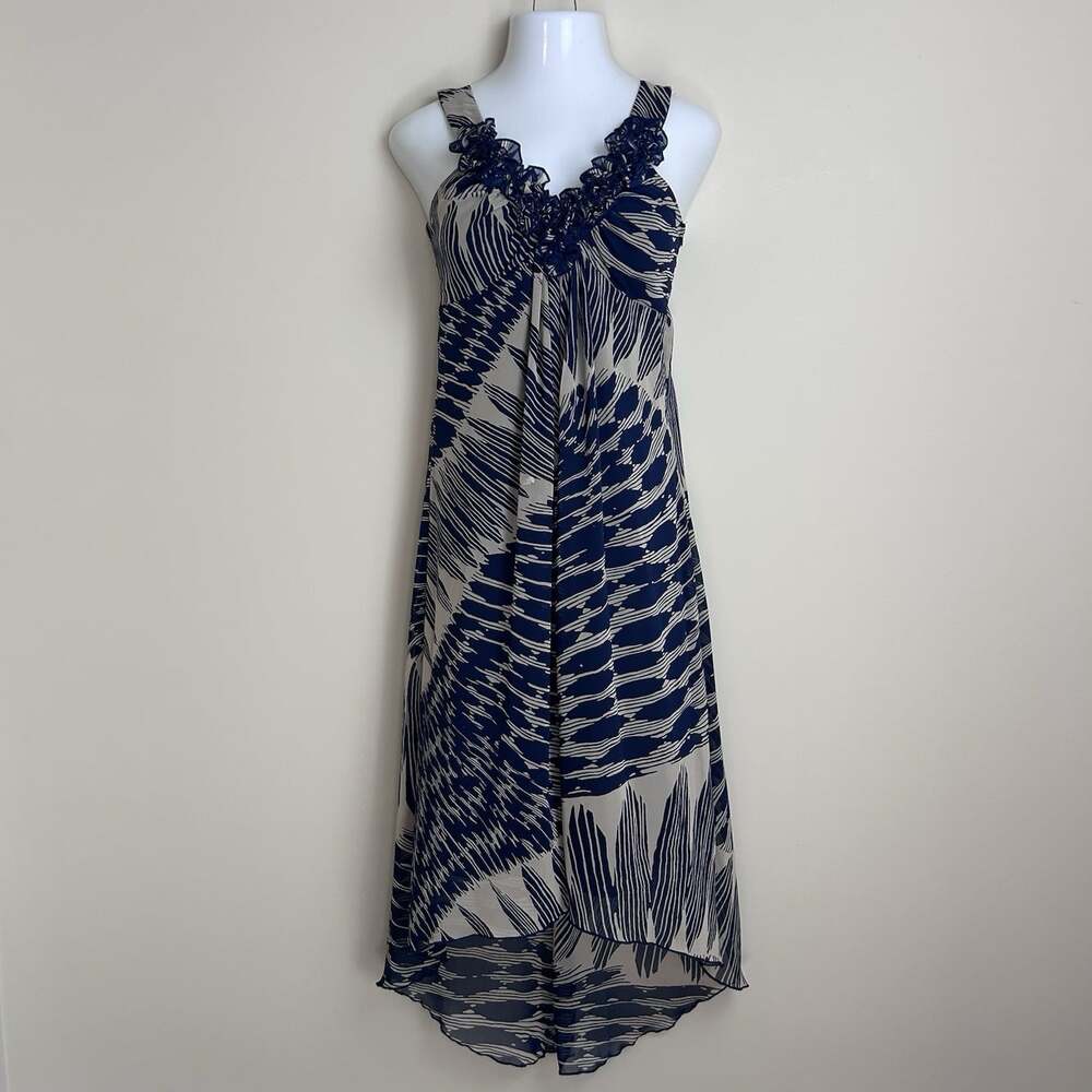 St Tropez West Women’s 8 Blue Beige Abstract Print Maxi Sun Dress Ruffles